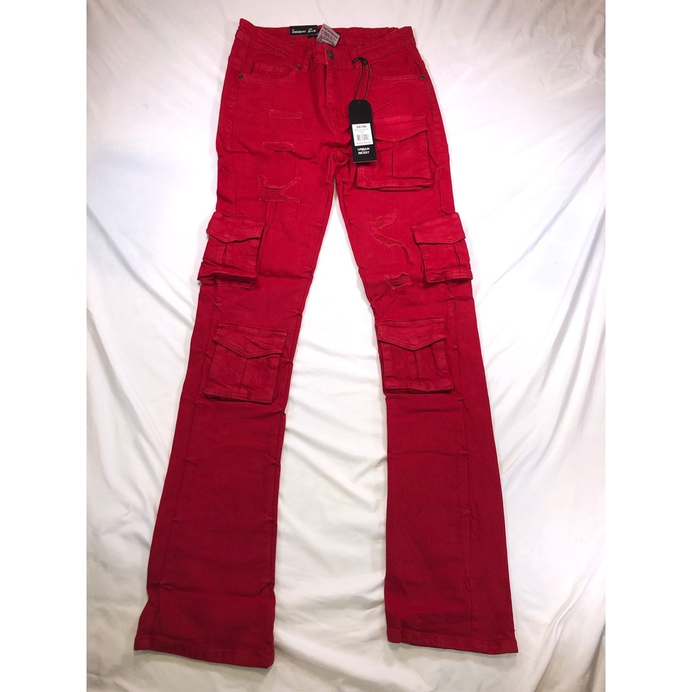 Urban Beast Mens Stacked Fit Cargo Pants Red Distressed Denim 30x36 UB118T